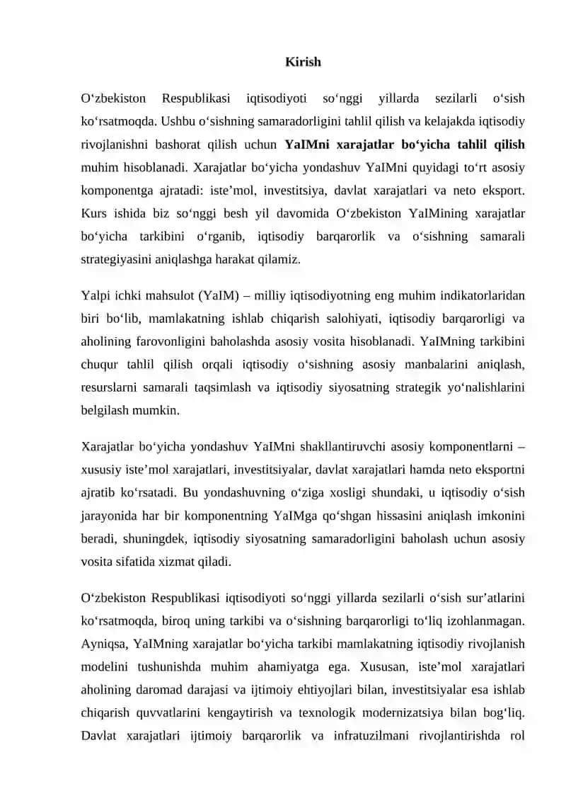 O‘ZBEKISTON RESPUBLIKASI ICHKI MAHSULOTINING XARAJATLAR BO‘YICHA TARKIBI TAHLILI 2