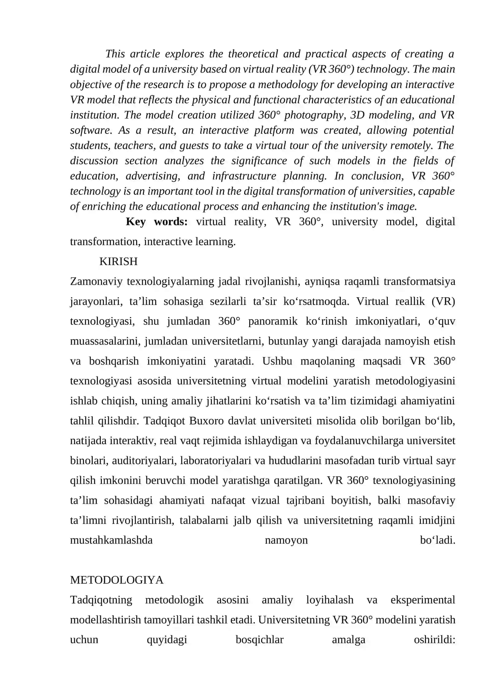 VIRTUAL REALLIK (VR 360°) TEXNOLOGIYASI ASOSIDA UNIVERSITETNING MODELI YARATISH 2