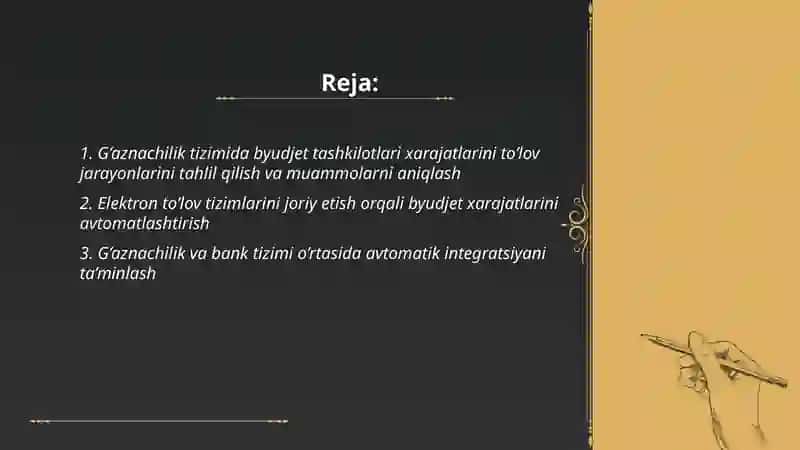 G’aznachilik tizimida byudjet tashkilotlari xarajatlari to’lov tizimini takomillashtirish 2
