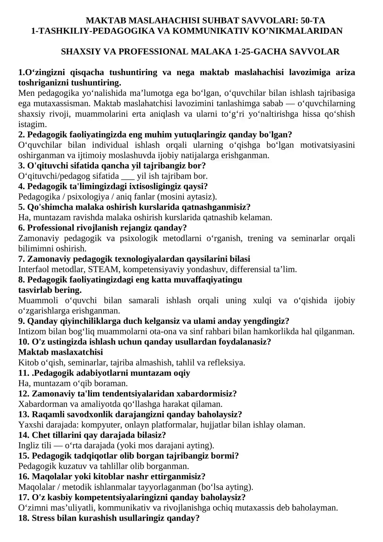 MAKTAB MASLAHACHISI SUHBAT SAVOLLARI 2