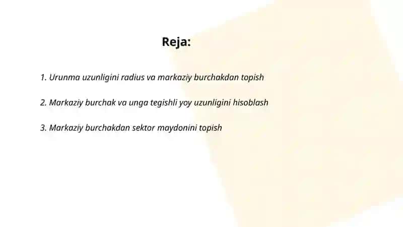 Aylana va doiraga doir masalalar ( urunma, kesuvchi, markaziy burchaklar) 2