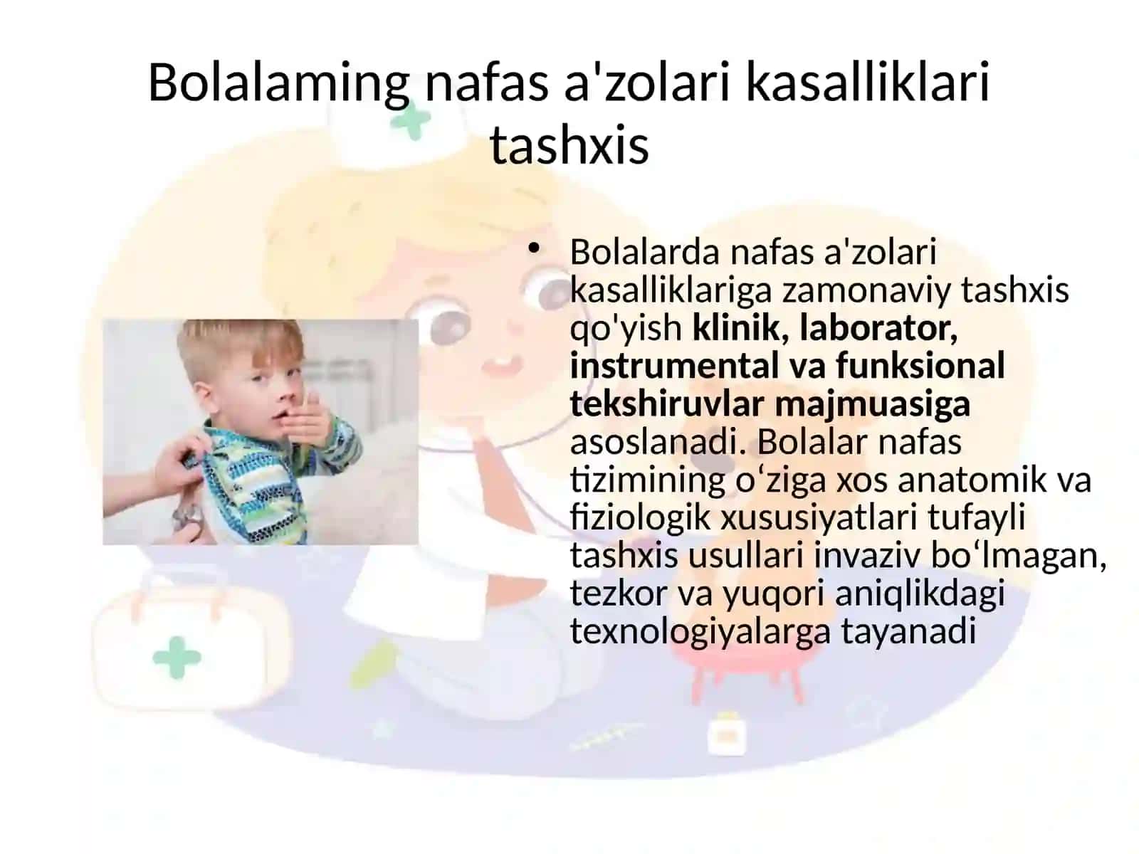 Bolalaming nafas a'zolari. yurak- qon tomir tizimi, oshqozon- ichak kasalliklari, buyrak, qon kasalliklari, allergik kasalliklarda zamonaviy tashxis qo'yish usullarini, davolashning zamonaviy usullarmi, profilaktik chora- tadbirlanni amalga oshirishni o'rganish 2