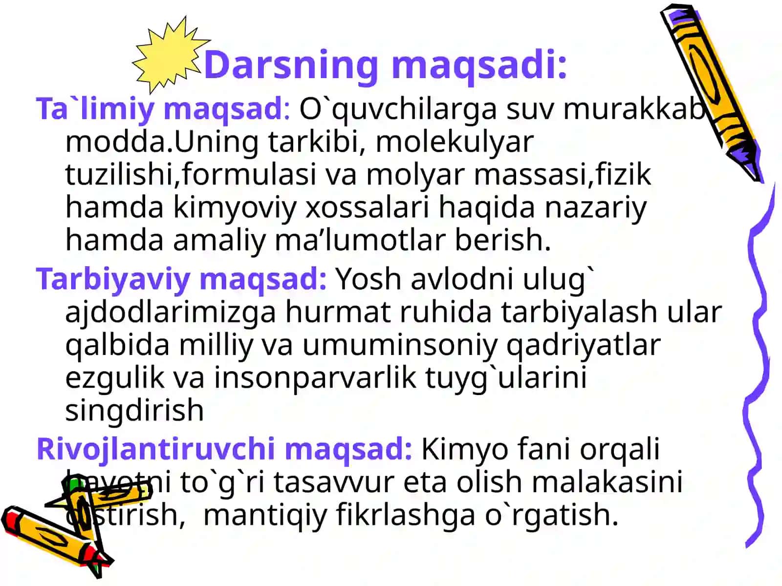 Suv-murakkab modda. Uning elementar tarkibi. Molekular tuzilishi, formulasi va molyar massasi. Suvning fizik va kimyoviy xossalari. 2