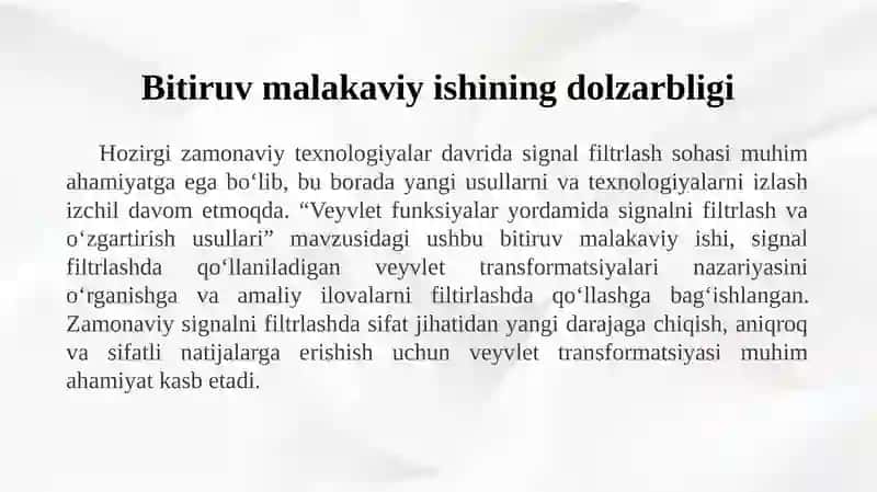 VEYVLET FUNKSIYALAR YORDAMIDA SIGNALN FİLTRLASH VA O‘ZGARTIRISH USULLARINI O‘RGANISH 2