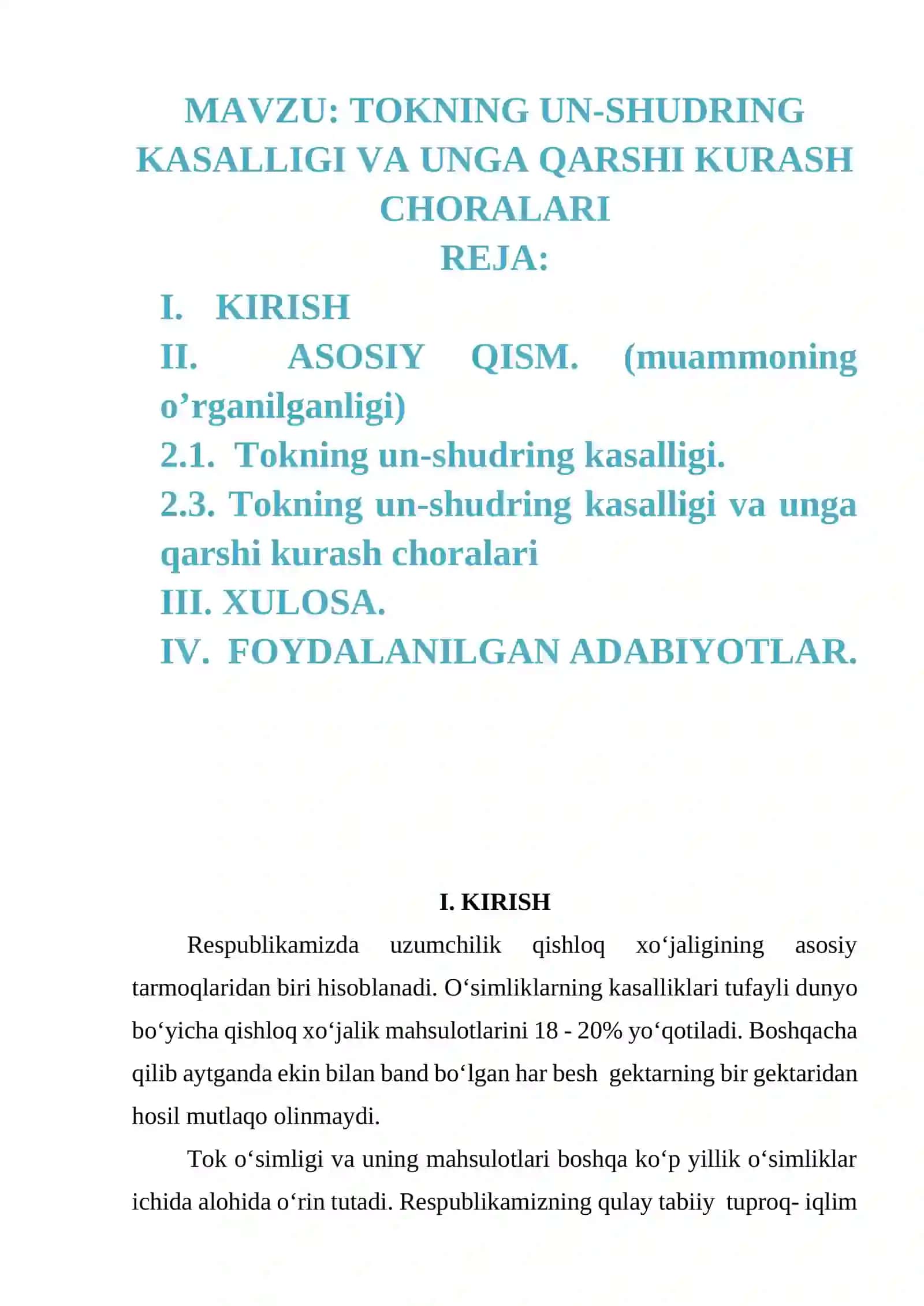 TOKNING UN-SHUDRING KASALLIGI VA UNGA QARSHI KURASH CHORALARI 2