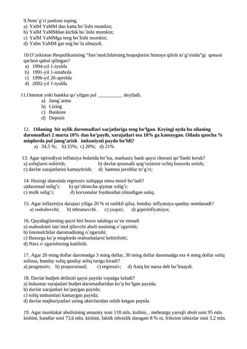 «Iqtisodiy bilim asoslari»dan test topshiriqlari 2
