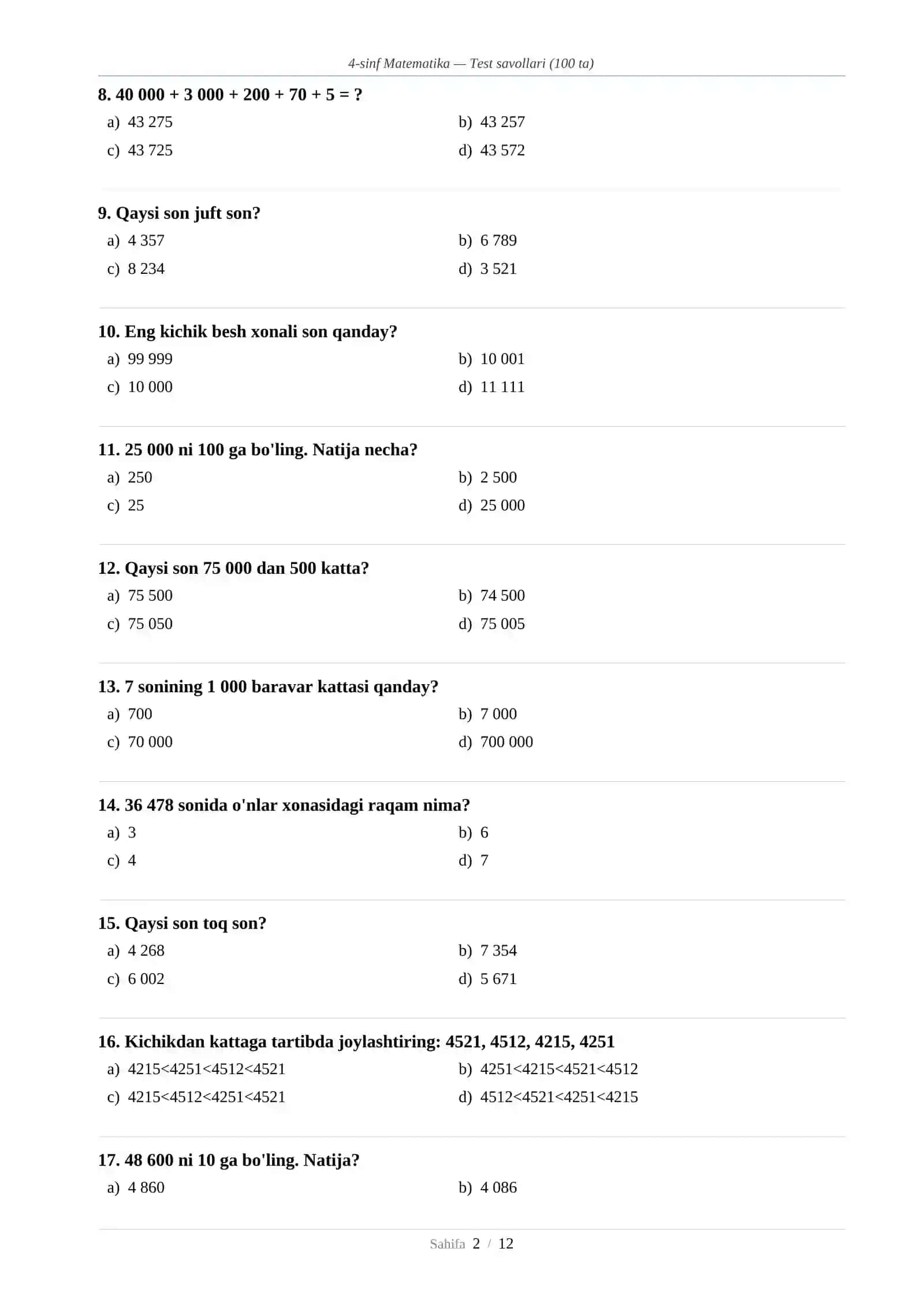 4-sinf Matematika — Test savollari (100 ta) 2
