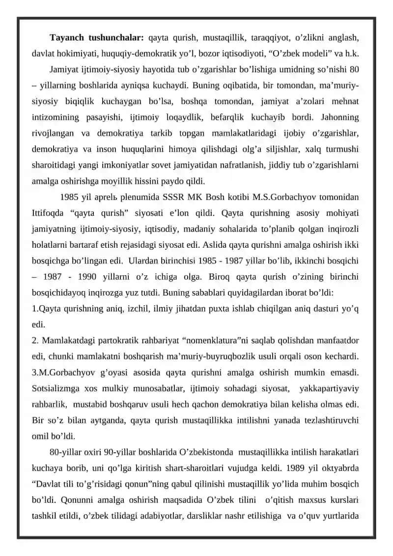 O’zbekistonda davlat mustaqilligining qo’lga kiritilishi va uning tarixiy ahamiyati. 2