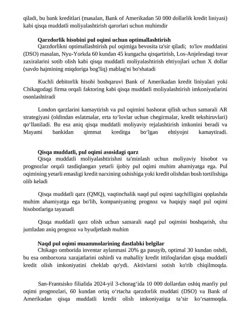 Qisqa muddatli moliyalashtirishda pul oqimining òrni va ahamiyati 2