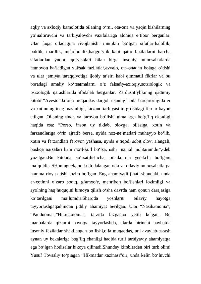 Bola tarbiyasida oilaning o‘rni haqida mutafakkirlar ta’limoti. 2