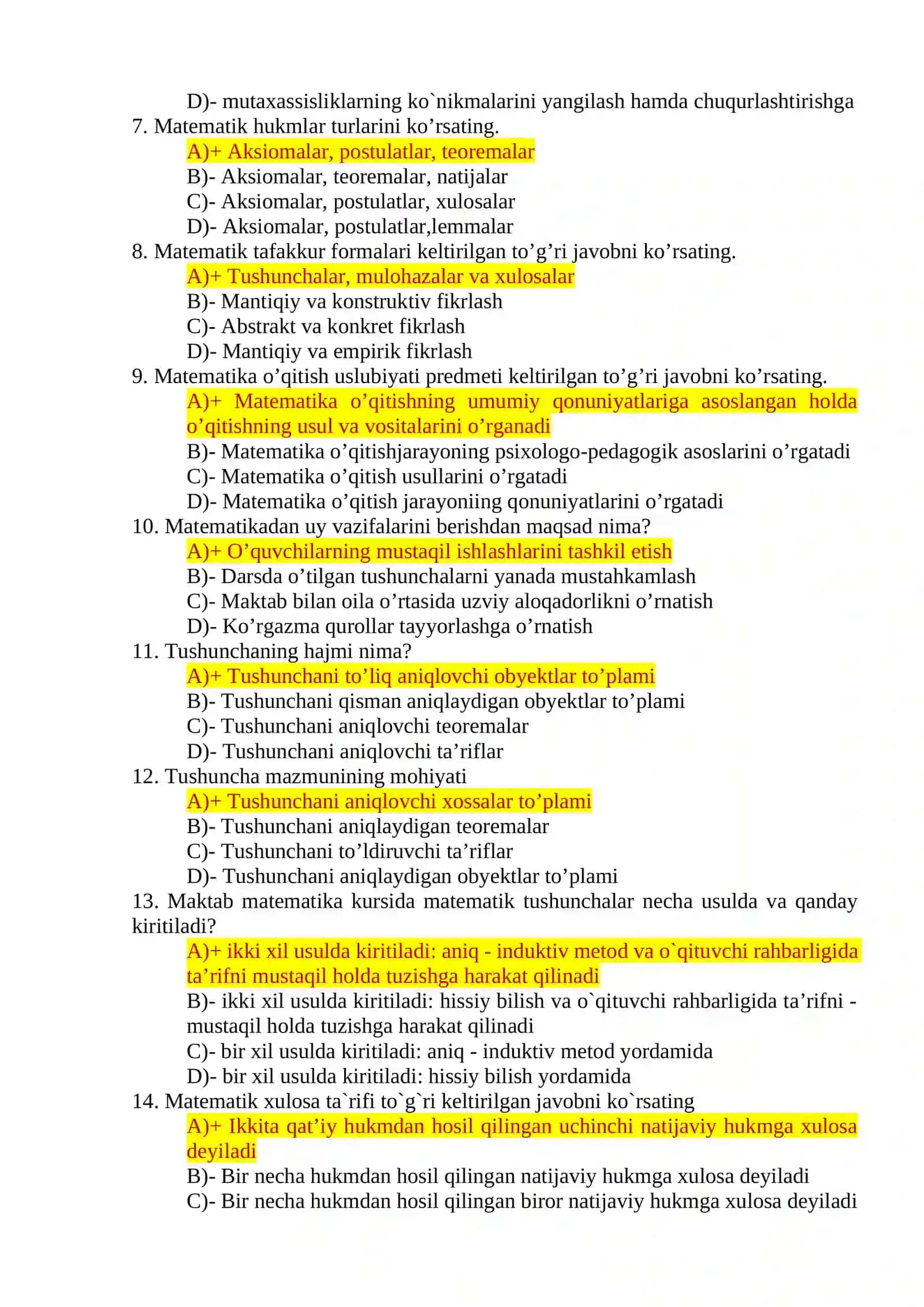 “Matematika va informatika o’qitish metodikasi” fanidan yakuniy nazorat uchun TEST TOPSHIRIQLARI 2