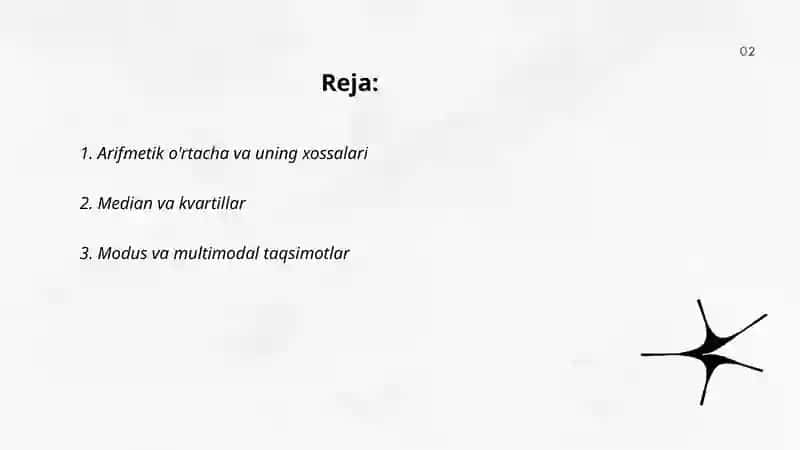 O'rtacha miqdorlar. Statistikada baholash usullari va dispersion tahlil asoslari 2