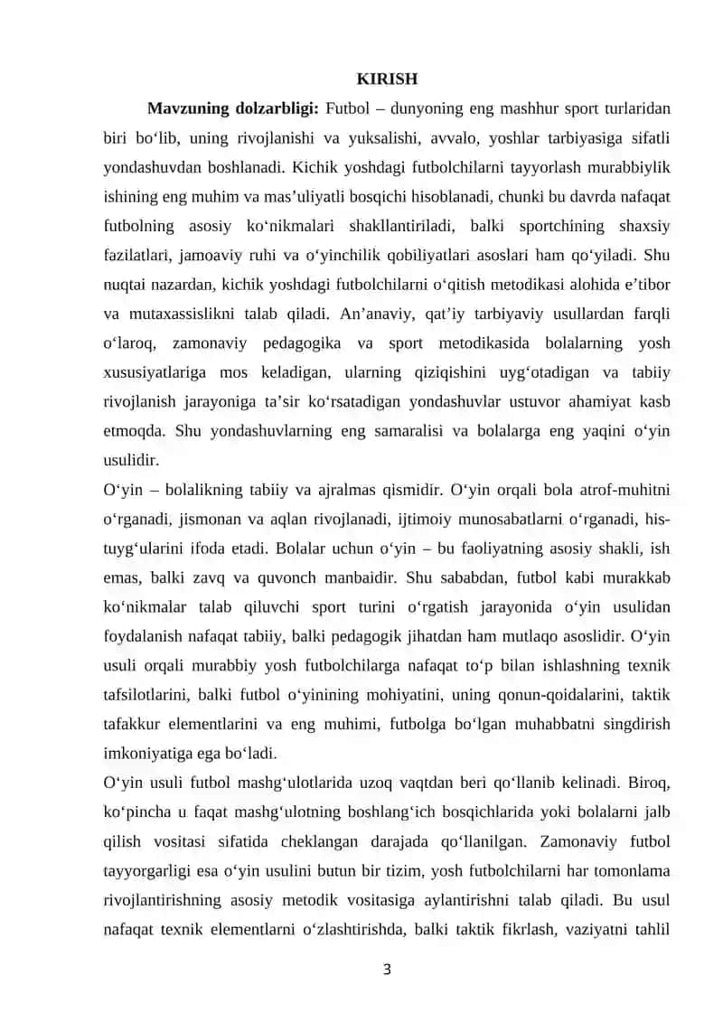 Kichik yoshdagi futbolchilarning texnik-taktik harakatlarini shakllantirishda oʻyin metodikasining samaradorligi 2