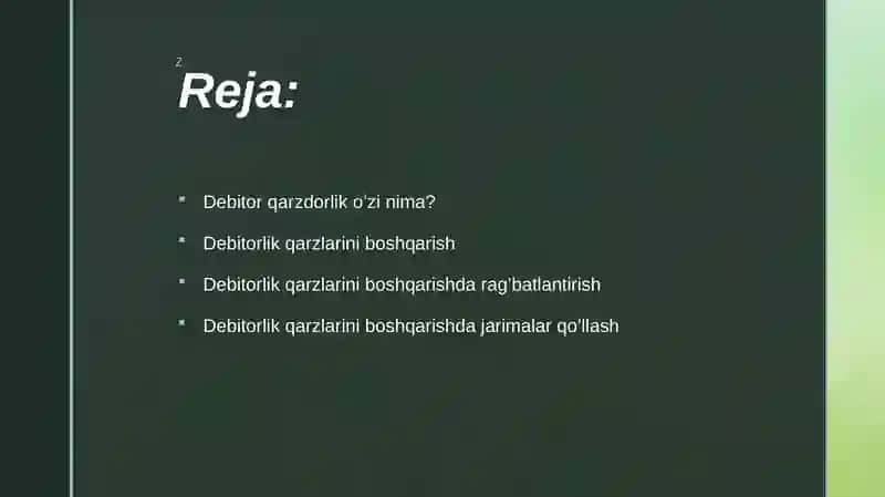 Debitorlik qarzlarini boshqarish darajatini oshirish 2