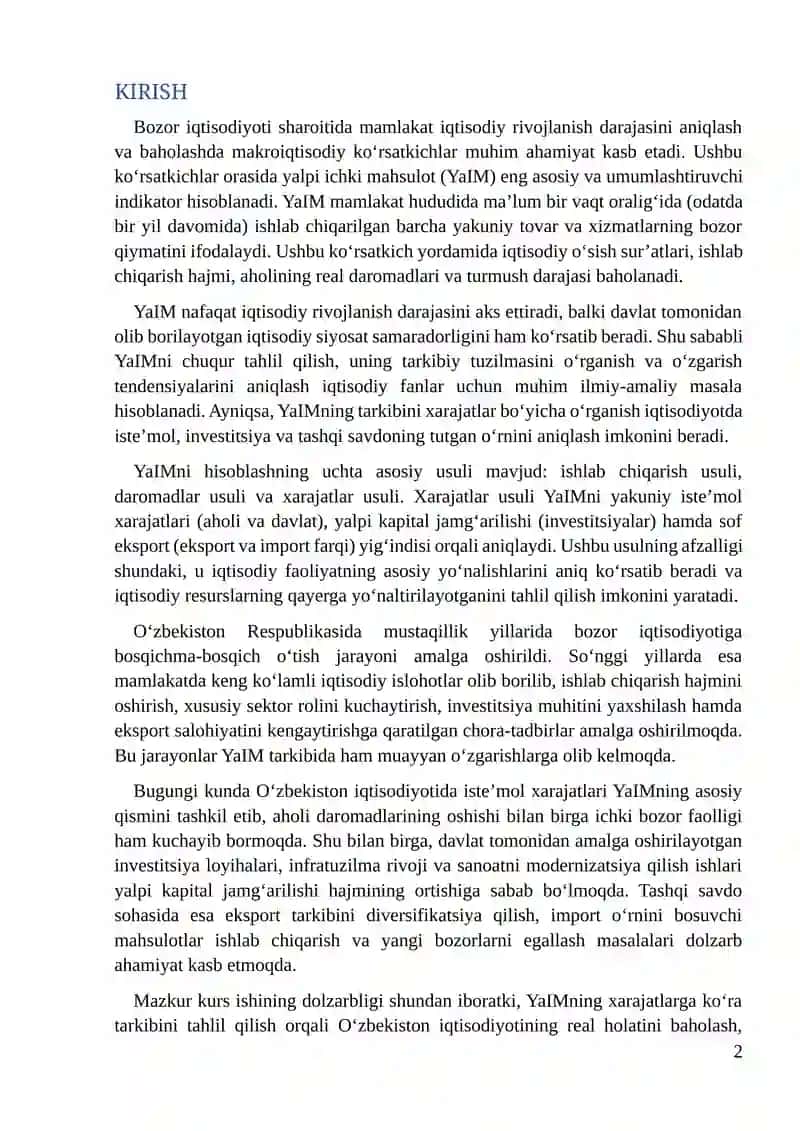 O‘zbekiston Respublikasida YaIMning xarajatlarga ko‘ra tarkibi tahlili 2