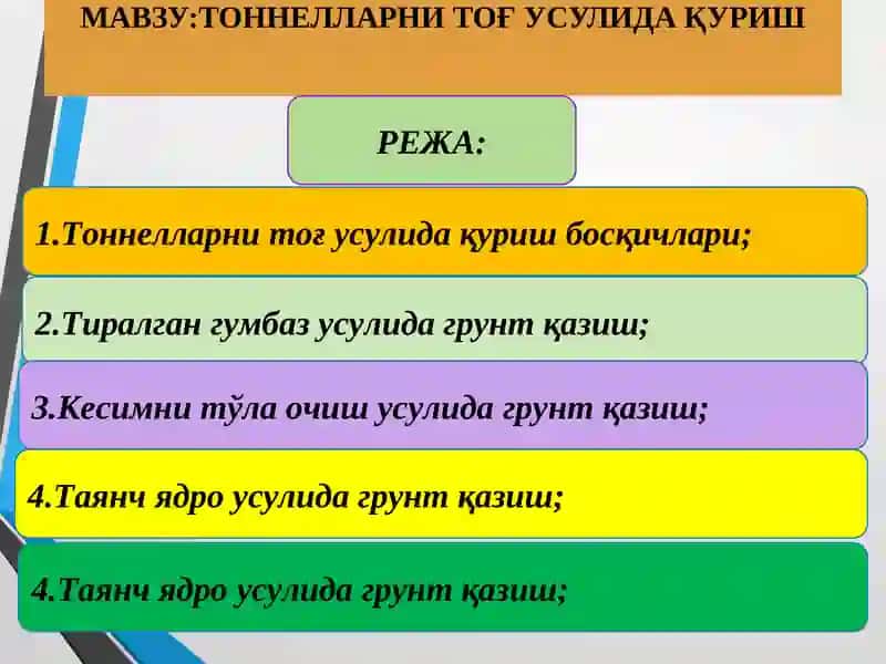 Тоннелларни тўғ усулида қуриш 2