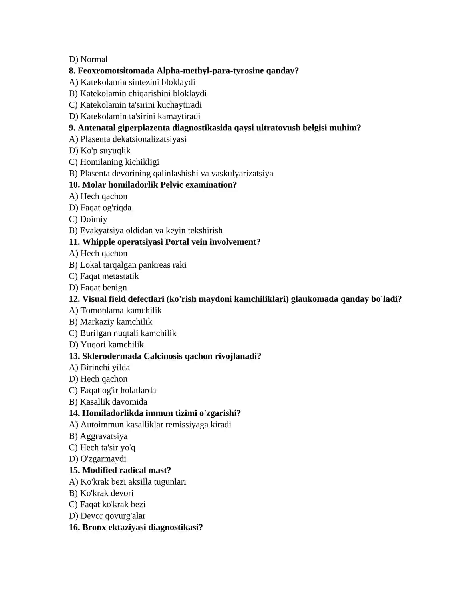 Tibbiyotga oid savollar TAYYORGARLIK TEST TO'PLAMI (Terapiya, Jarrohlik, Akusherlik-ginekologiya) 2