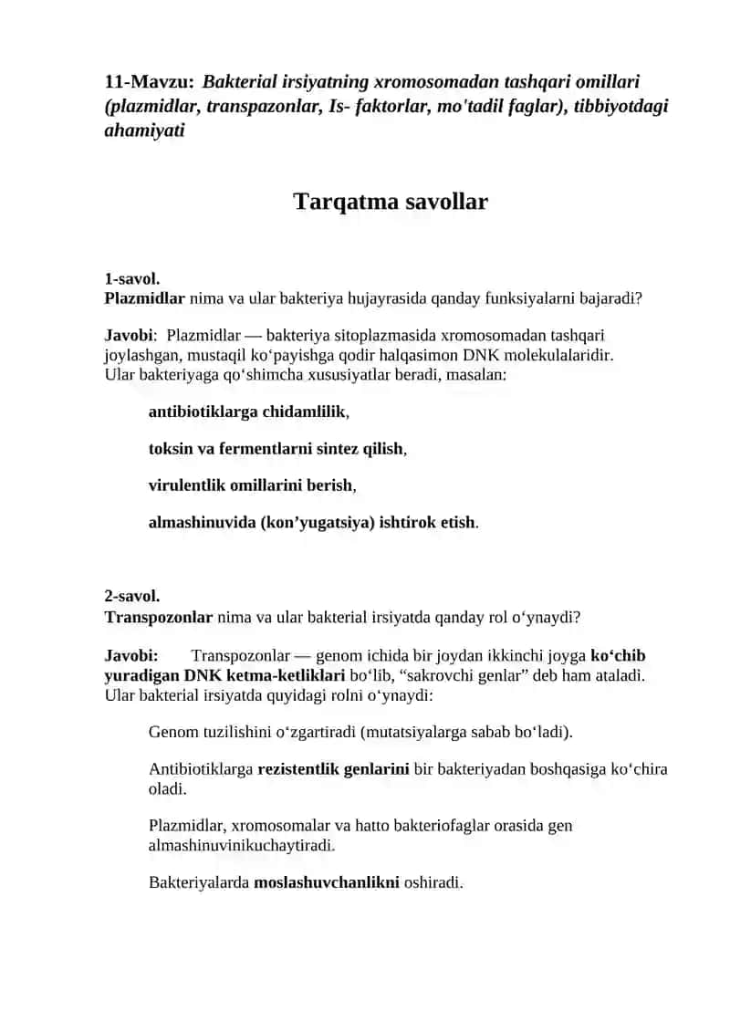 Bakterial irsiyatning xromosomadan tashqari omillari (plazmidlar, transpazonlar, Is- faktorlar, mo'tadil faglar), tibbiyotdagi ahamiyati 2