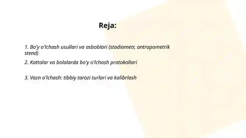 Tibbiy kuzatuv va antropometrik o'lchovlar(bo'y,vazin,bosh aylanasini aniqlash) 2