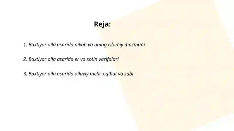 Baxtiyor oila asarida islom qadriyatlari talqinida 2