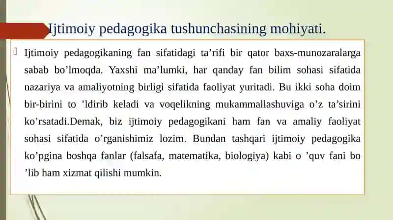 Ijtimoiy pedagogika fan sifatida. Ijtimoiy pedagogika rivojlanishining madaniy-tarixiy asoslari. Pedagogika va ijtimoiy pedagogika kategoriyalari. 2