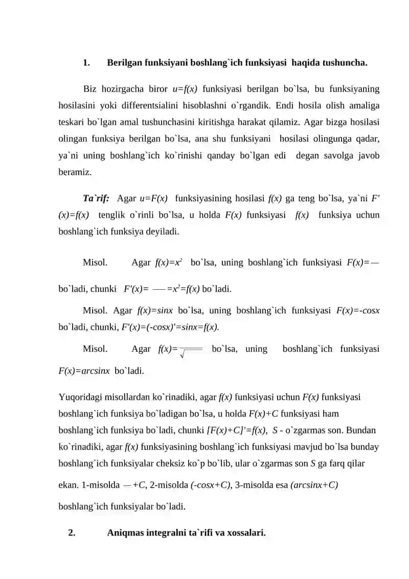 Boshlang`ich funksiya va aniqmas integral 2