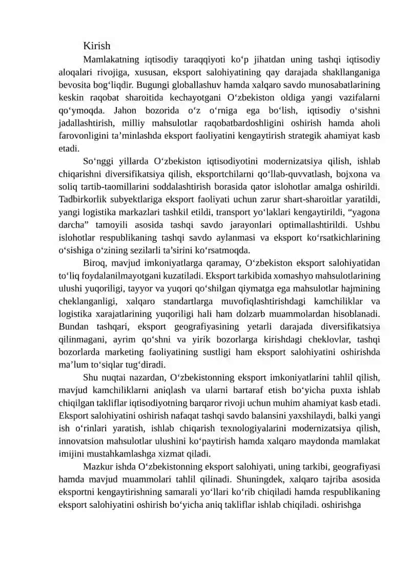 O'zbekistoning eksport salohiyatini oshirish bo'yicha takliflar ishlab chiqish 2