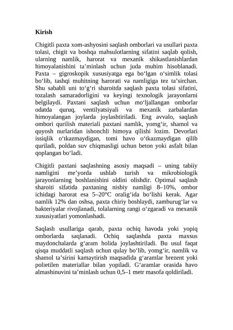 Chigitli paxta xom-ashyosini saqlash omborlari va usullari. 2