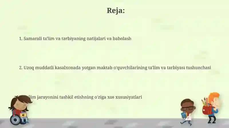 Shifoxonalarda uzoq davolanuvchi maktab oʻquvchilarini ta'lim va tarbiyalash konsepsiyasi 2