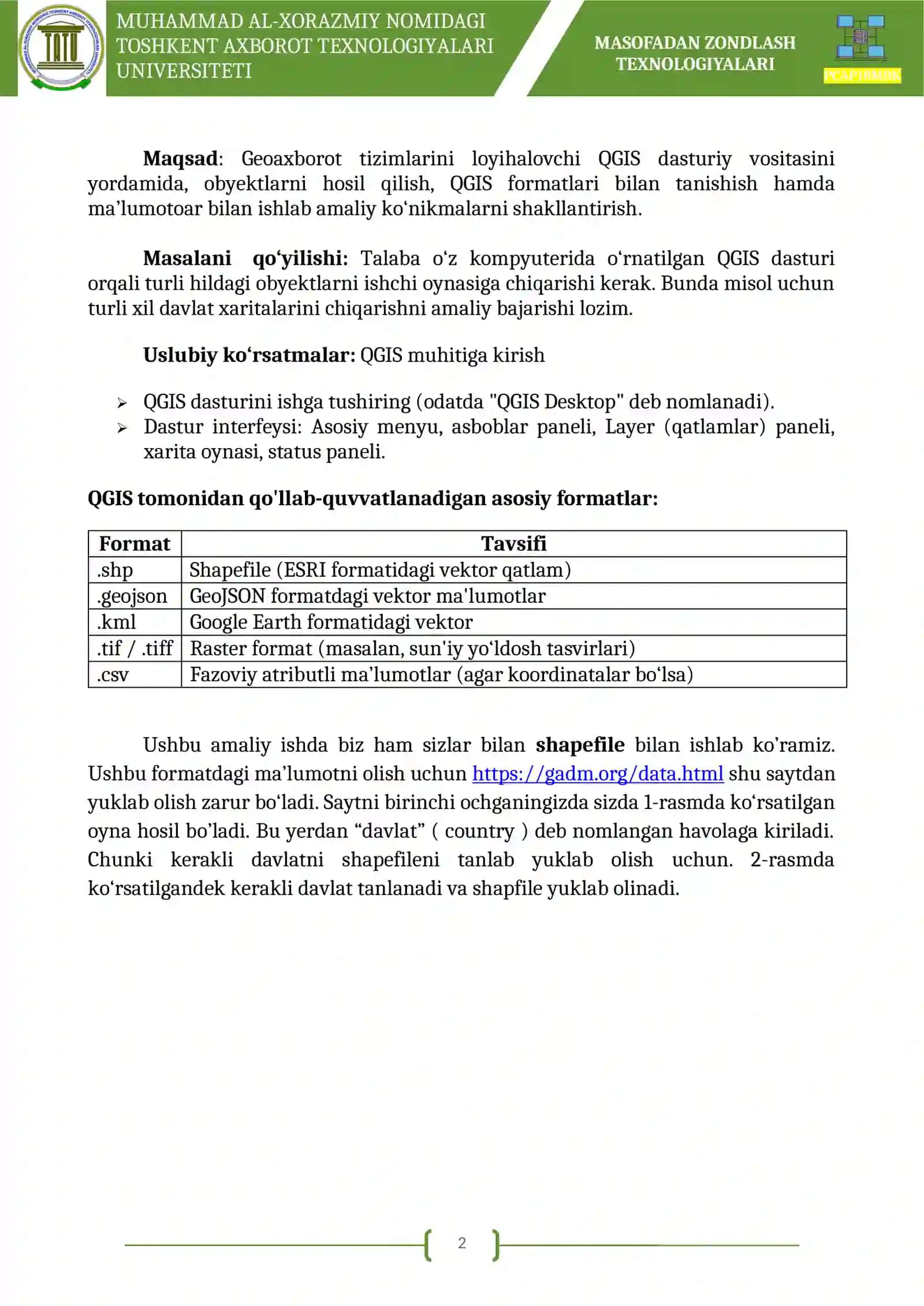 GEOAXBOROT TEXNOLOGIYALARI FANIDAN 2