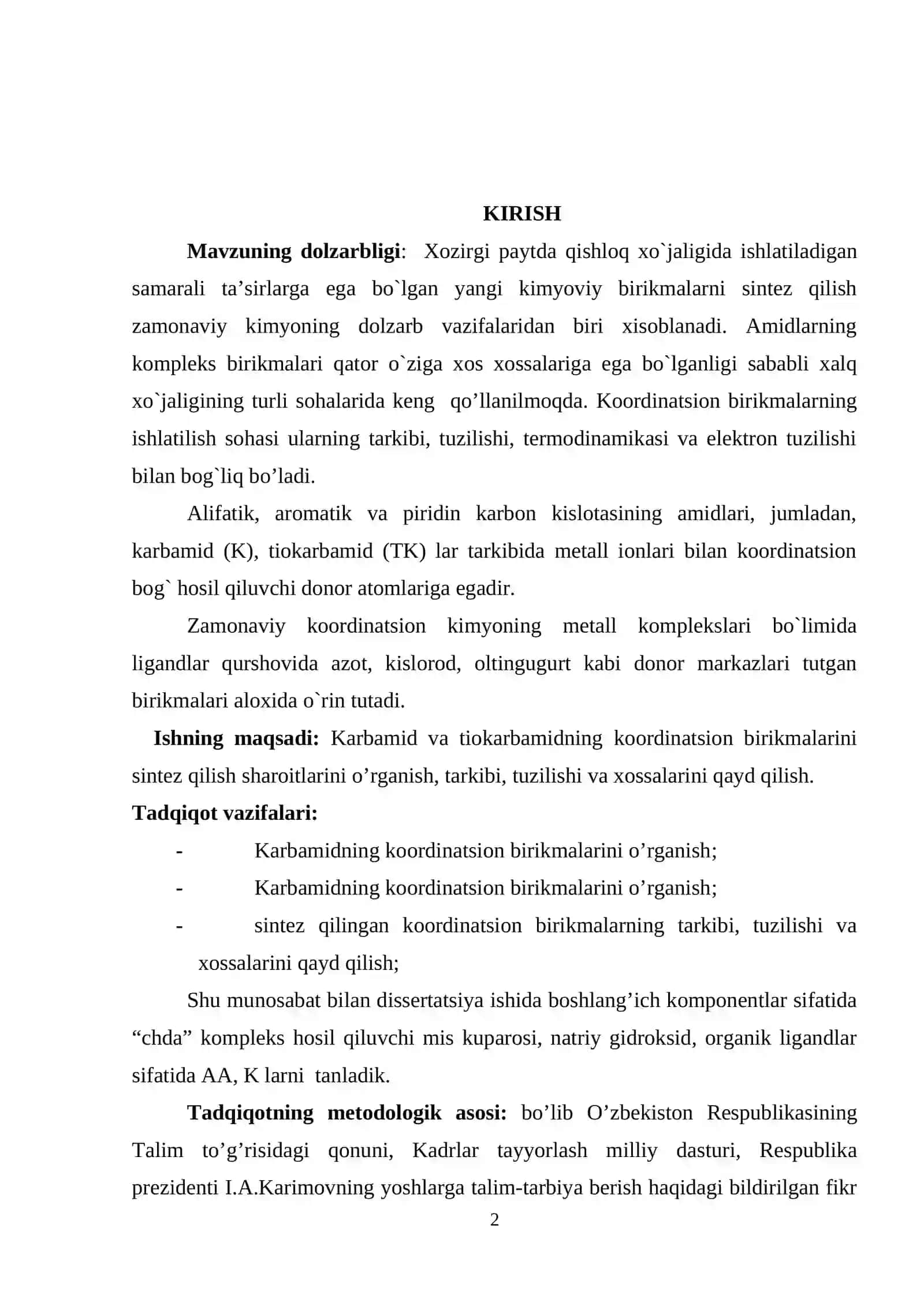 Karbamid va tiokarbamidning koordinatsion birikmalari 2