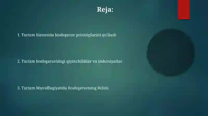 Turizmda boshqaruvning ahamiyati va sohada qo’llanishidagi ahamiyati 2