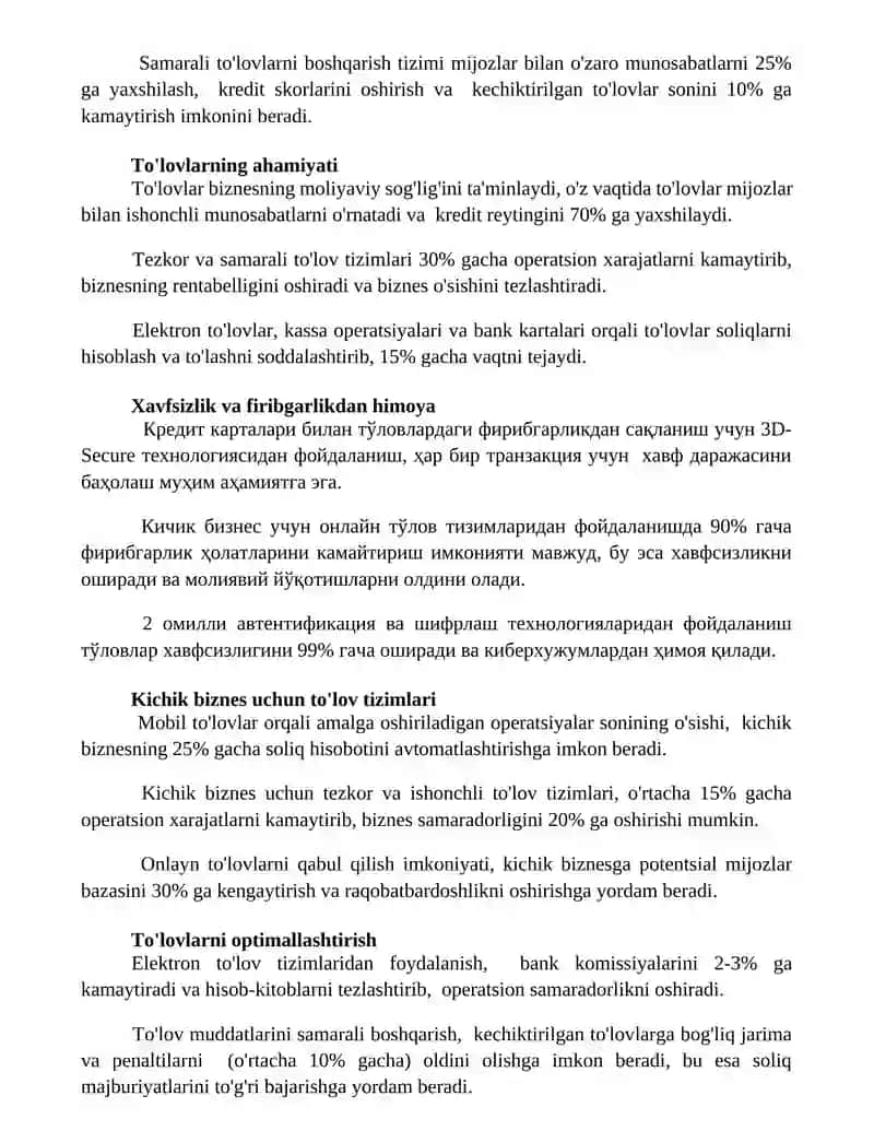 Kichik biznes rivojlantirishda to'lovlarining ahamiyati 2