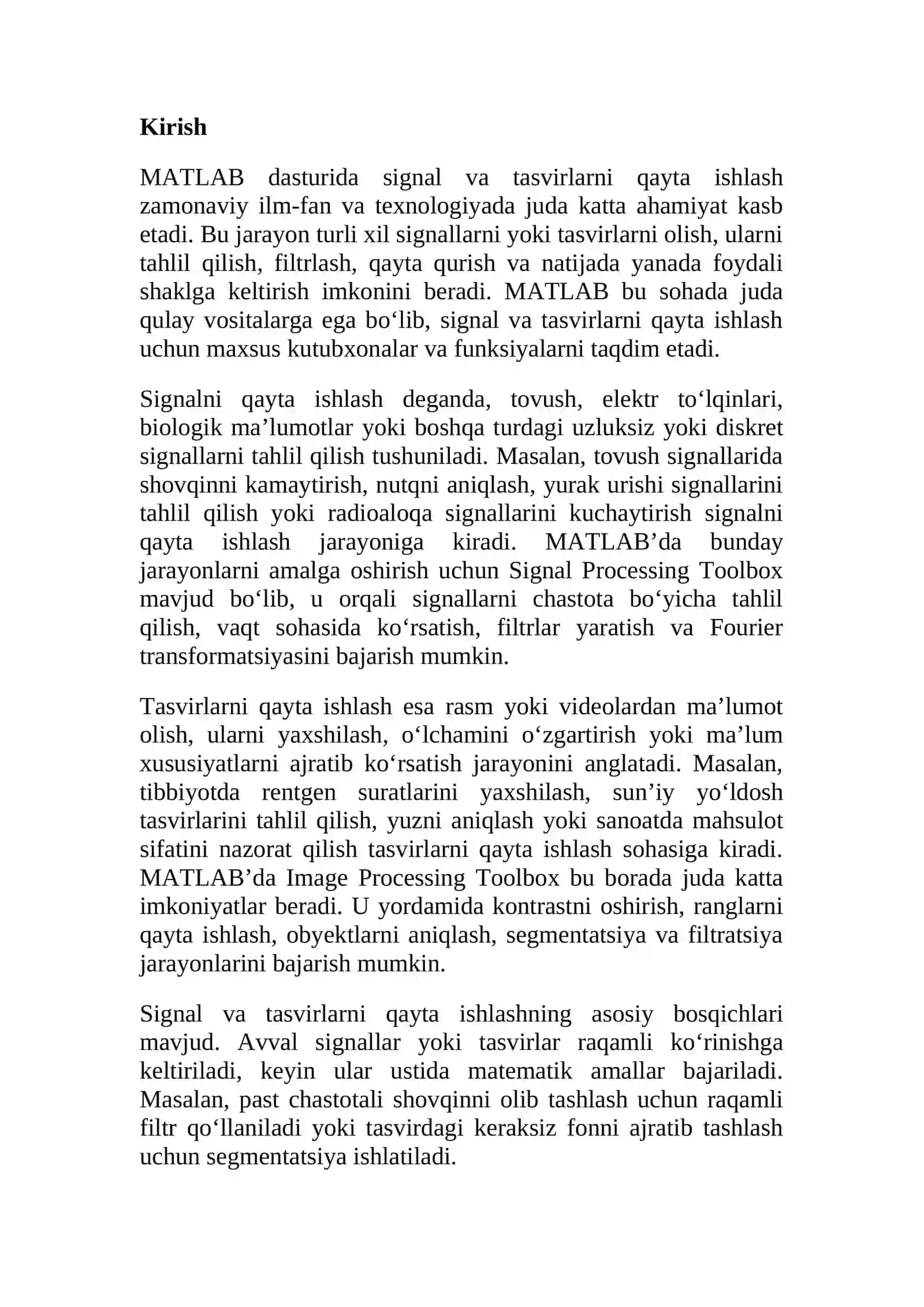 Signal va tasvirlarni qayta ishlash MATLAB'da 2