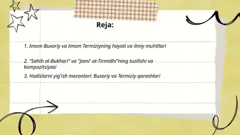 IMOM BUXORIY VA IMOM TERMIZIYLARNING HADIS ILMIGA QOʻSHGAN HISSALARINI QIYOSIY TAHLILI 2