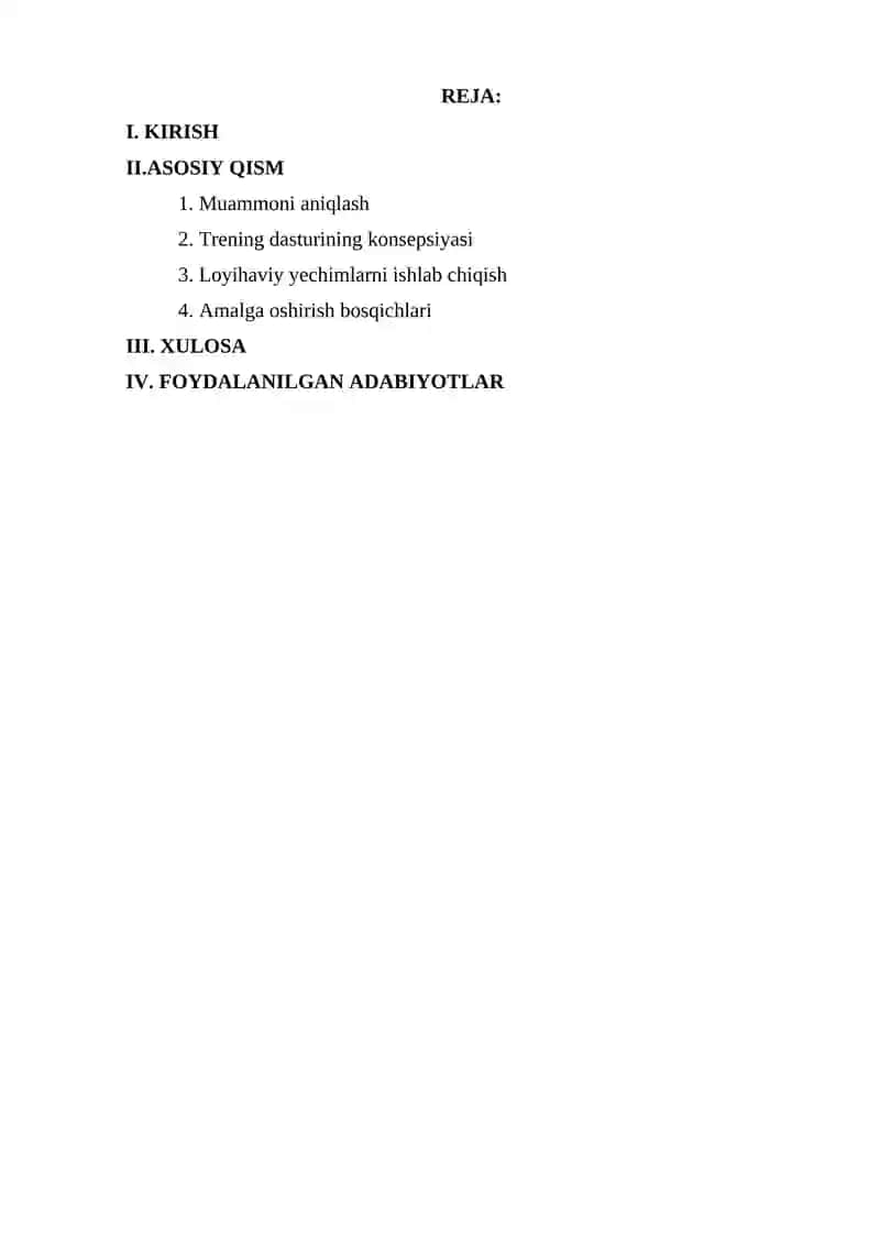 Xodimlar Malakasini Oshirish Boʻyicha Trening Dasturi Ishlab Chiqish, Muammoni Aniqlash va Yechimlarni Loyiha Shaklida Tayyorlash 2