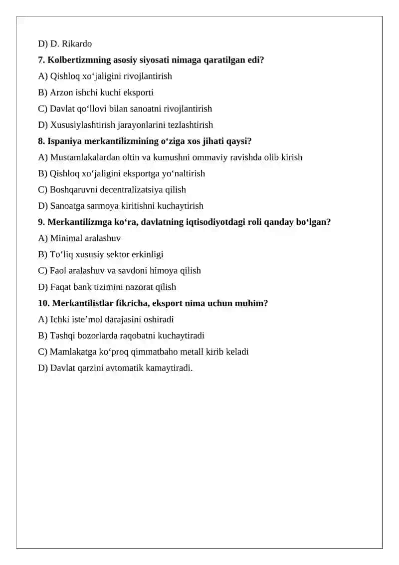 Test savollari Merkantilizm bo'yicha 20 ta javoblari bilan 2