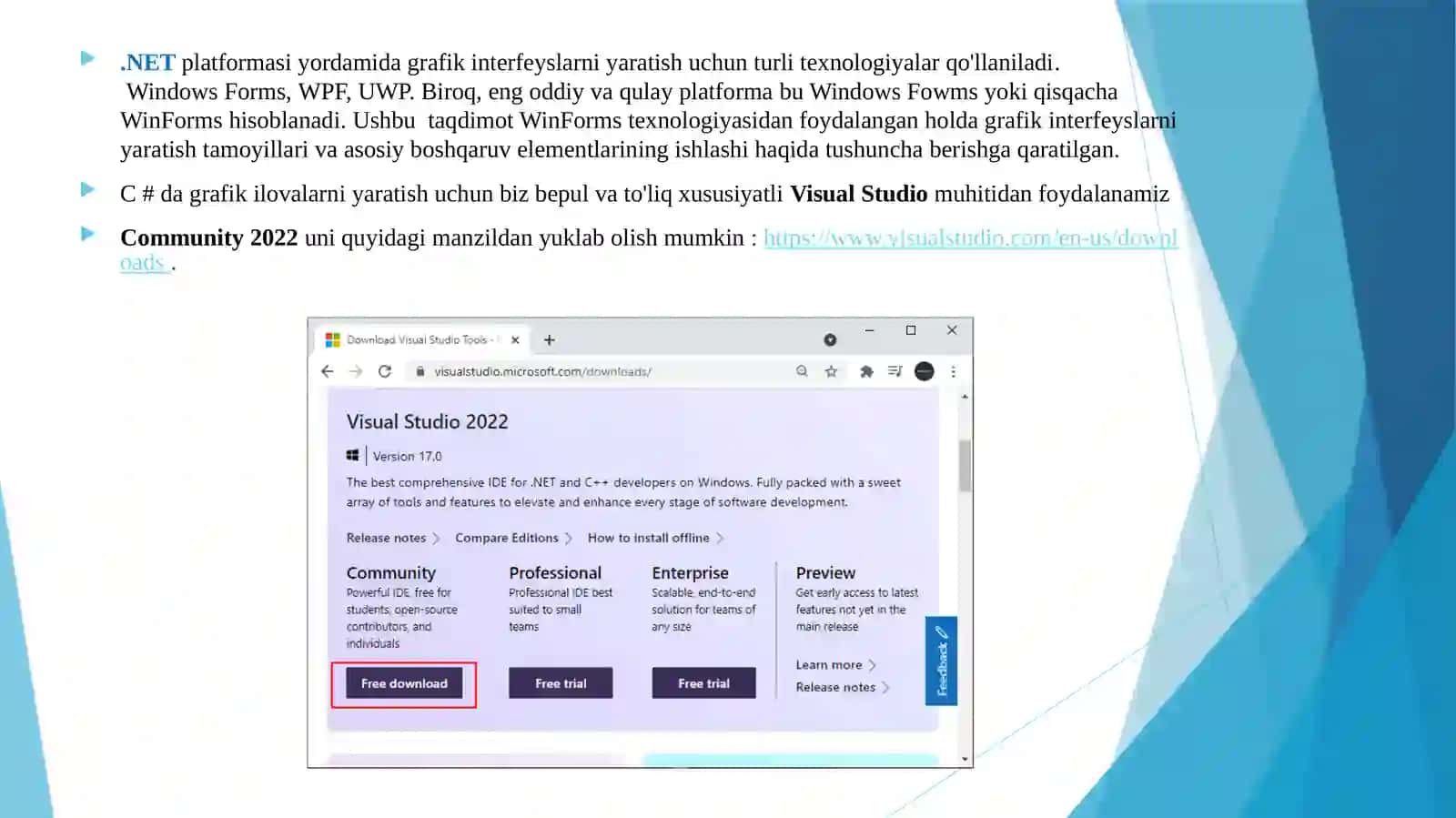 Windows Forms ilovalarni yaratish. Windows Formsga kirish. Forma xossalari. Hodisalar. Komponentlar. Ilova xossalari, sozlamalari. Ilova maketini yaratish. 2