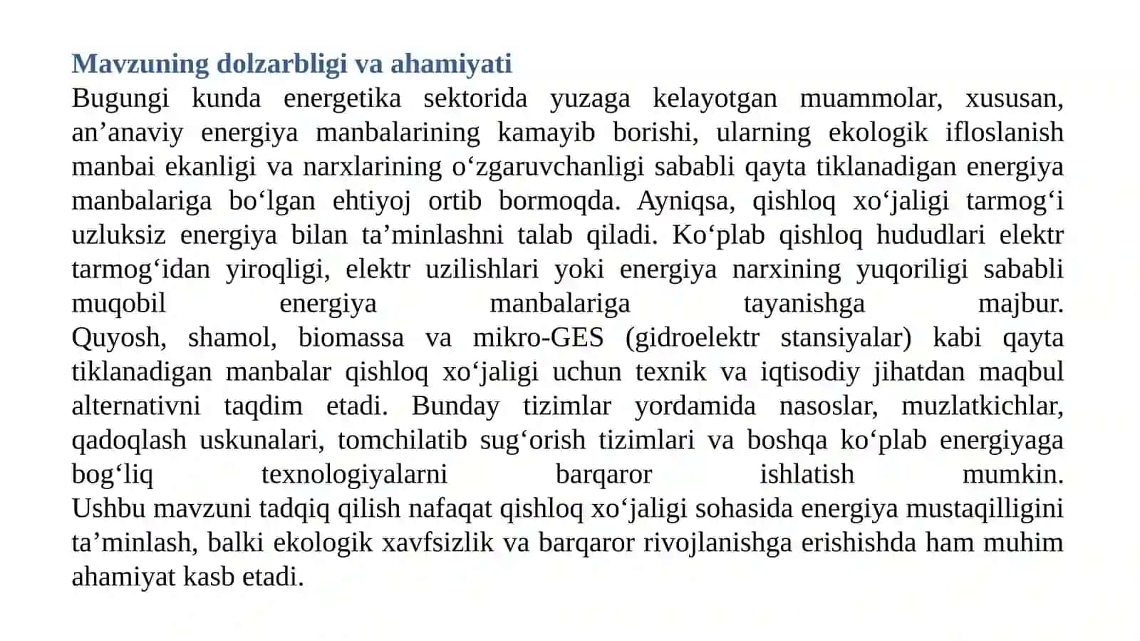 QAYTA TIKLANADIGAN ENERGIYA MANBALARI VA ULARNING QISHLOQ XO‘JALIGIDA AHAMIYATI 2