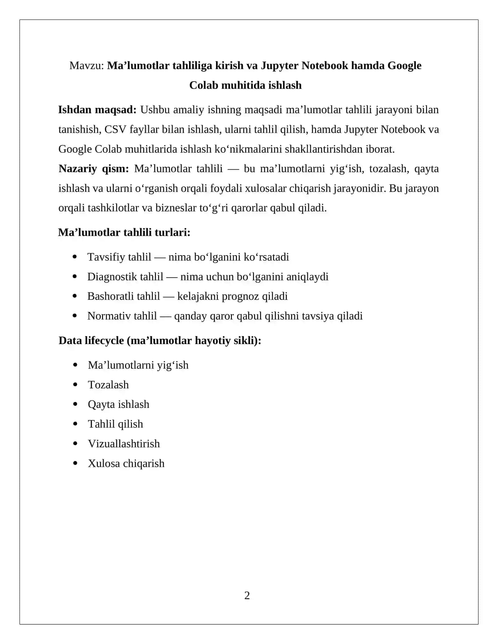 Ma’lumotlar tahliliga kirish va Jupyter Notebook hamda Google Colab muhitida ishlash 2