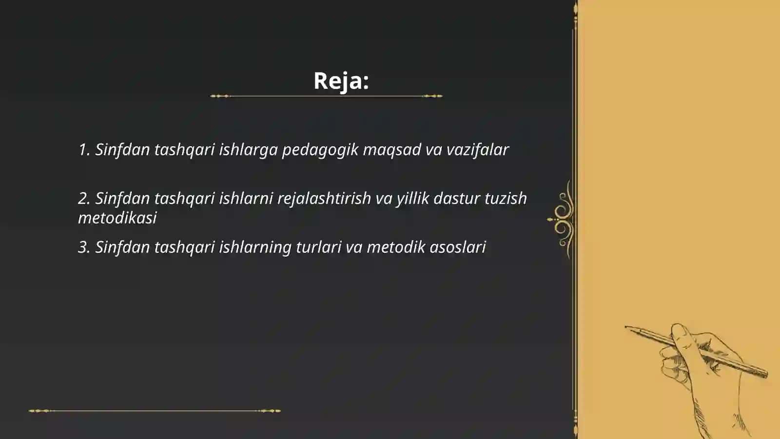 Sinfdan tashqari ishlarni tashkil qilish va oʻtkazish metodikasi by Soliyeva Feruza 2