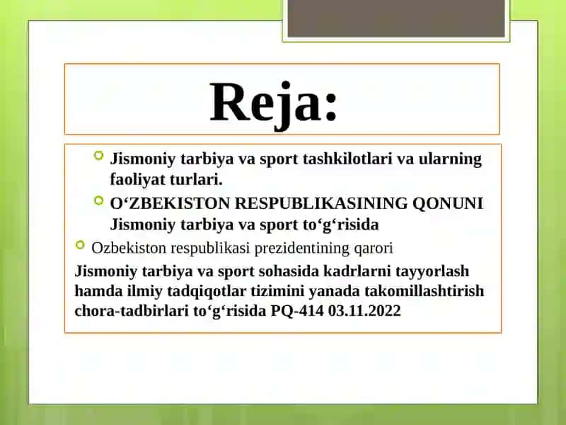 Jismoniy tarbiya va sport sohasining me’yoriy huquqiy asoslari 2