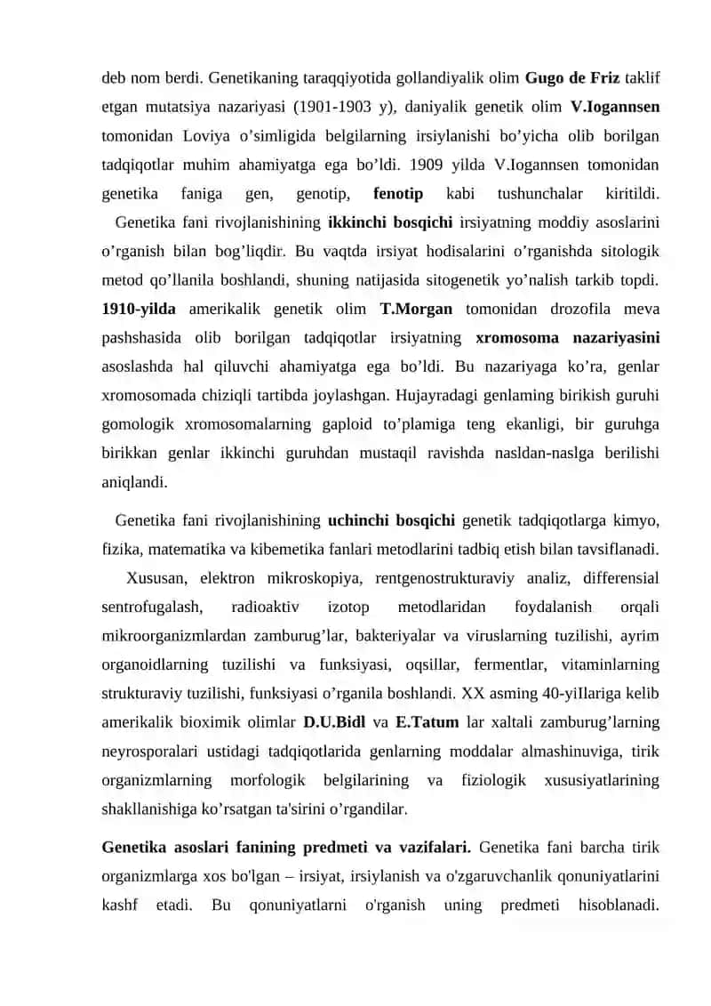 Genetika va genomika asoslari fanining predmeti va vazifalari. 2