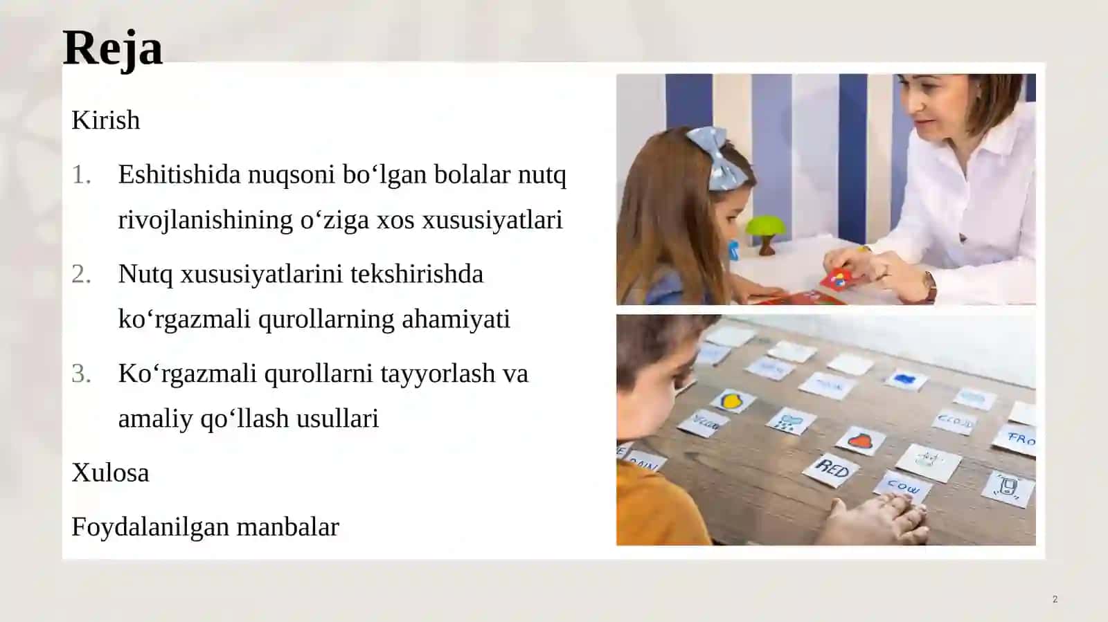 Eshitishida nuqsoni bo‘lgan bolalar nutq xususiyatlarini tekshirish bo‘yicha ko‘rgaz 2