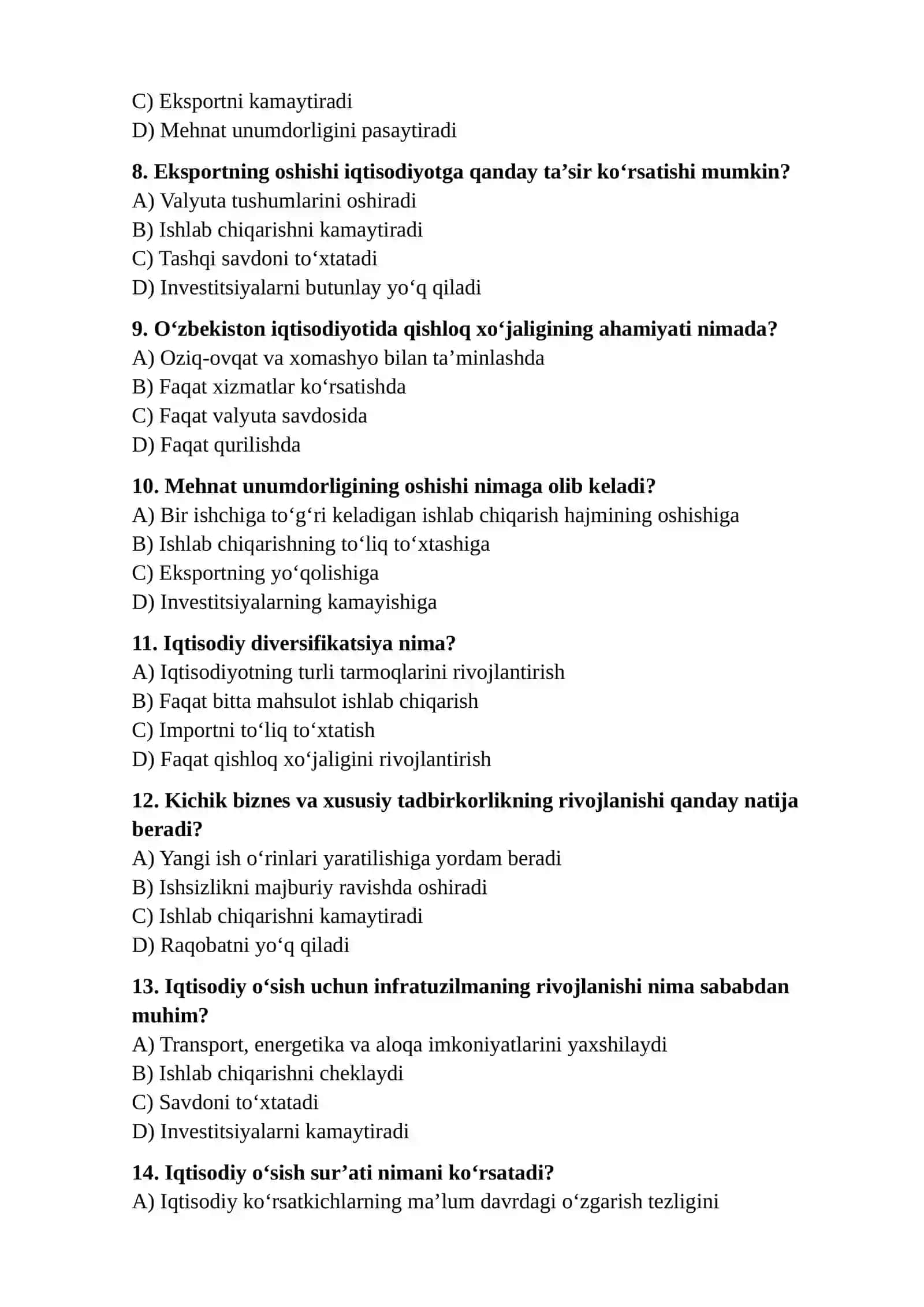 O‘zbekistonda iqtisodiy o‘sish dinamikasi — 20 ta test 2