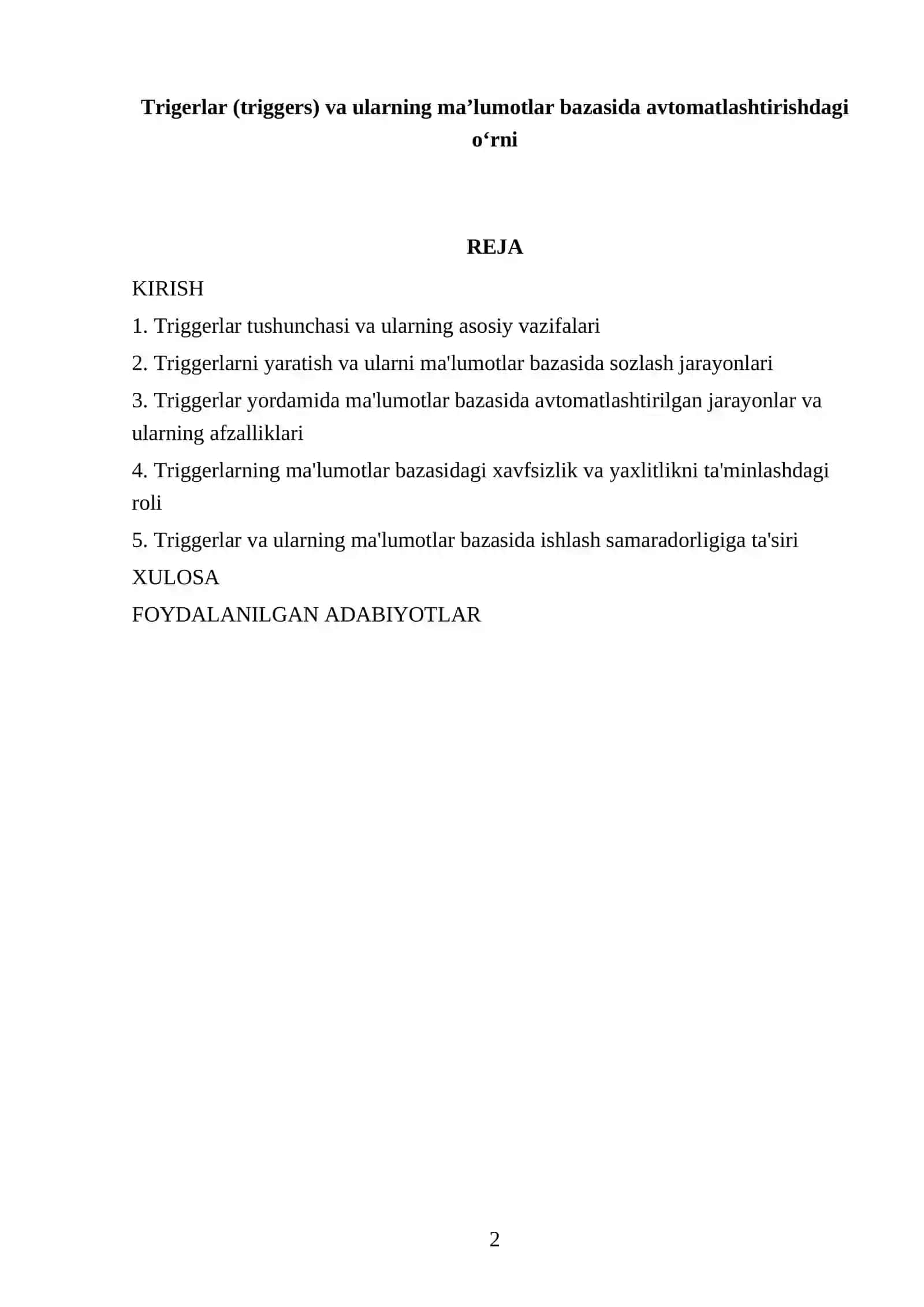 MALUMOTLAR BAZASI FANIDAN TAYYORLAGAN MUSTAQIL ISHI 2