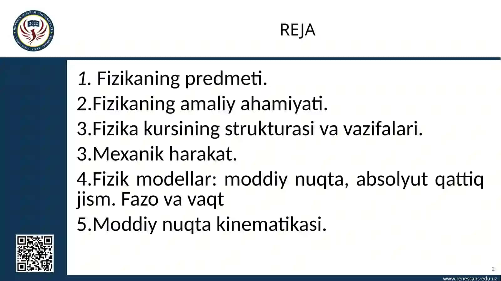 Fizika predmeti. Moddiy nuqtaning ilgarilanma harakati 2