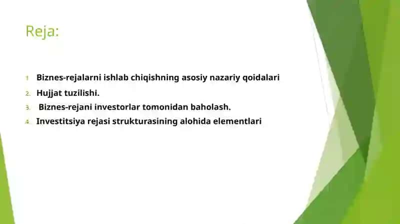 Investitsiya loyihasining biznes rejasi 2