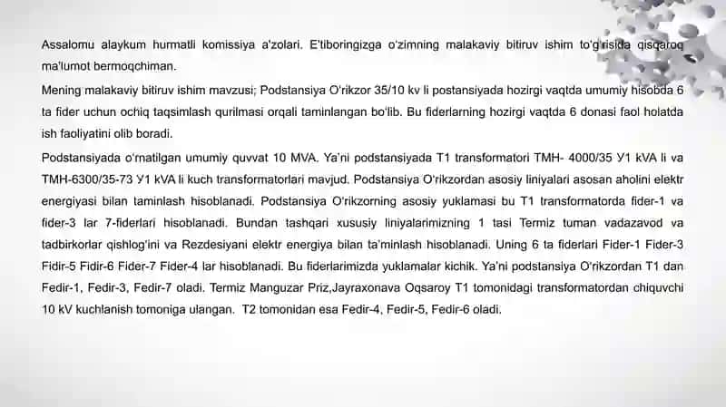 Termiz tumanidagi “O‘rikzor 35/10 kV” podstansiyasi iste’molchilarining elektr energiya iste’moli tahlili 2