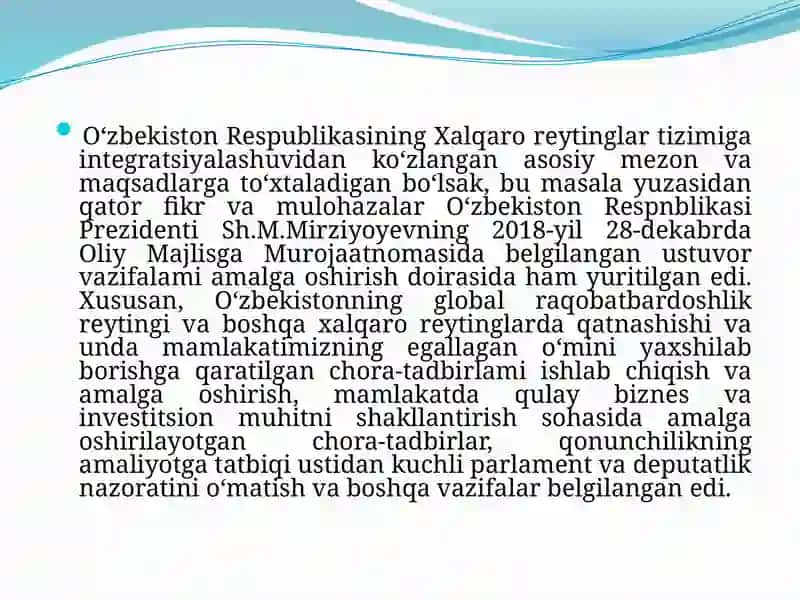 O‘zbekiston Respublikasining xalqaro reyting va indekslardagi o‘rnini yaxshilash borasidagi davlat siyosati, qabul qilingan huquqiy-normativ hujjatlar. 2
